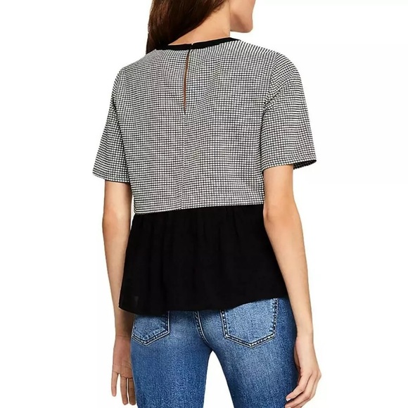 BCBGeneration Black White Check Short Sleeve Top Shirt Keyhole - Picture 2 of 6